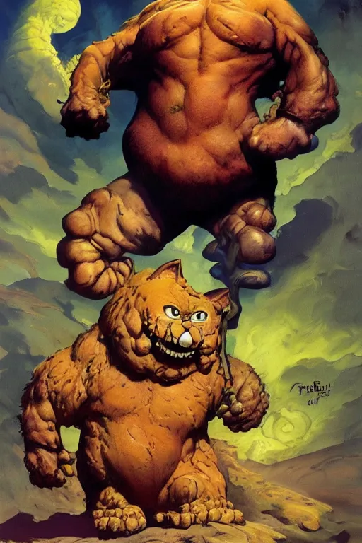 Image similar to Garfield by Frank Frazetta, Alex Ross and Richard Corben, trending on Artstation