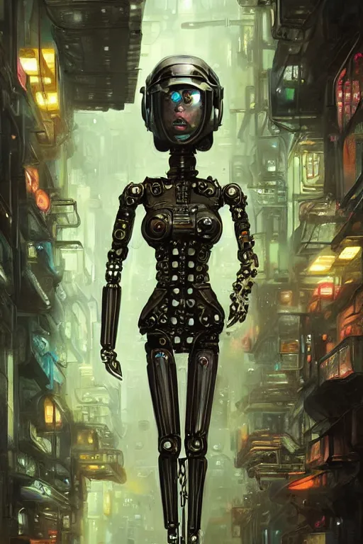 Image similar to a highly detailed retro futuristic female android with gears and other mechanical parts made out of pasta standing in a dank alleyway from blade runner, a robot made out of pasta, painting by Marc Simonetti and Julie Bell