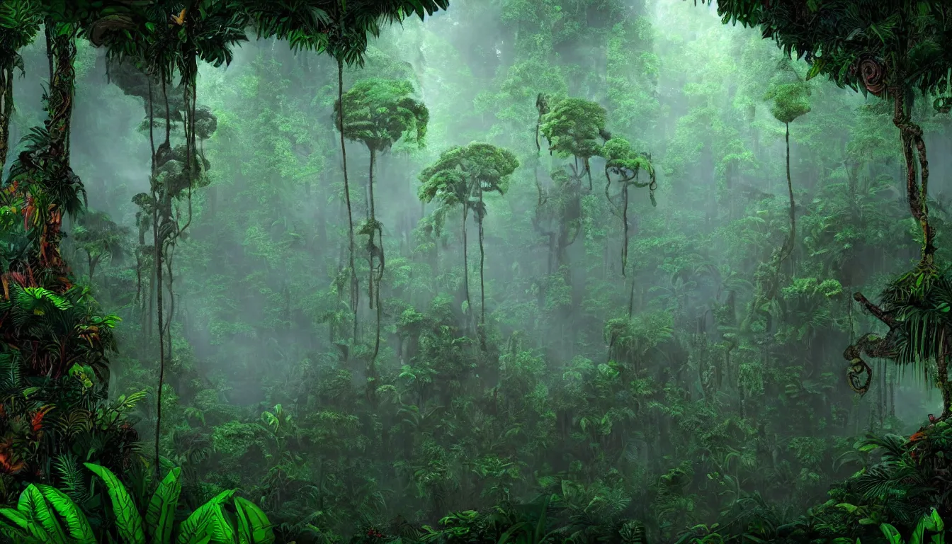 Prompt: deep mayan jungle forest realm biodiversity , side-scrolling 2d platformer game level, swirling clouds of magical mist through the trees, ancient forbidden temple ruins in tre background between the tree trunks, dramatic dusk sun illuminates areas , volumetric light , detailed entangled roots carpet the forest floor, rich color , upscale , 8k