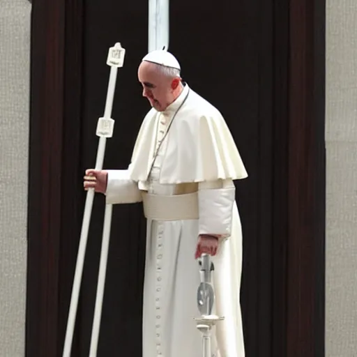 Prompt: the pope on a pogo stick going down marble staircase