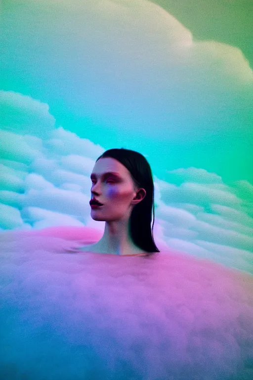 Image similar to high quality pastel coloured film close up wide angle photograph of a model wearing clothing swimming on cloud furniture in a icelandic black rock!! environment in a partially haze filled dreamstate world. three point light, rainbow. photographic production. art directed. pastel colours. volumetric clouds. pastel gradient overlay. waves glitch artefacts. extreme facial clarity. 8 k. filmic.