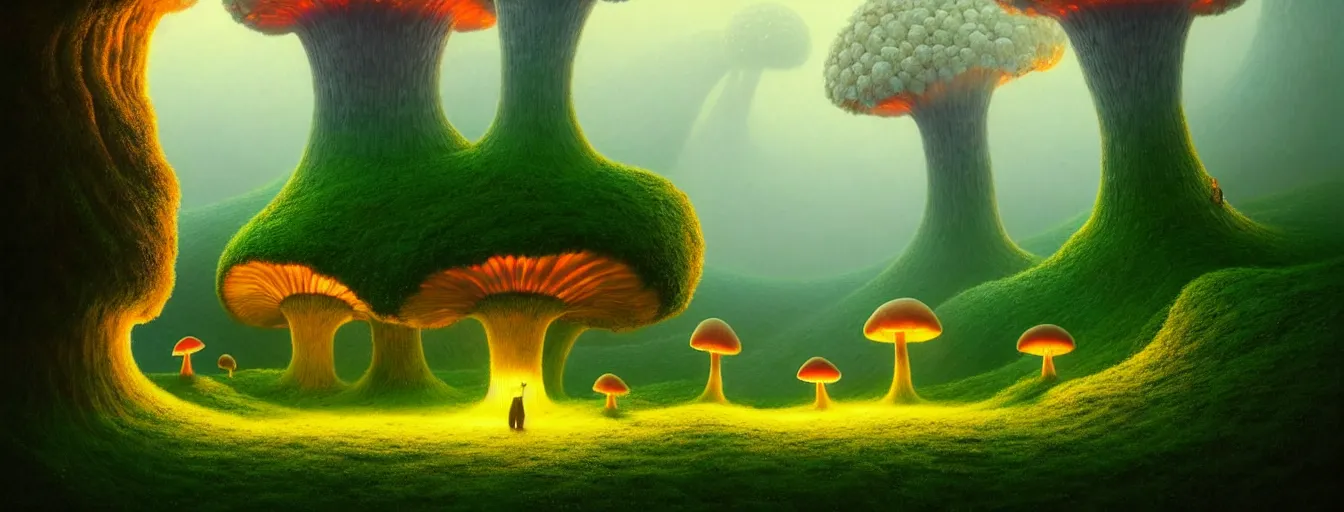 Image similar to gediminas pranckevicius beautiful and stunning professional digital artwork of a glowing mushroom cave, haze, spores floating in the air, vines, water, volumetric lighting, hyperrealistic, rtx on, ultra detail, barlowe wayne maxfield parrish and marco mazzoni