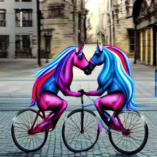 Image similar to two unicorns riding bikes in city streets, photoreal