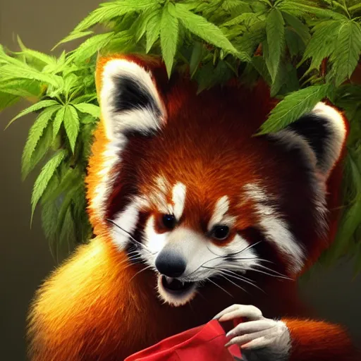 Image similar to anthropomorphic red panda, holding a bag of catnip, smoking a cigar, in front of hemp plants, happy dopey expression, squinting, beautiful lighting, high quality digital art, trending on artstation