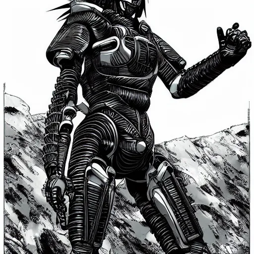 Prompt: a vertical portrait of a manga character in a scenic environment by nihei tsutomu, black and white, cybernetic armor, highly detailed