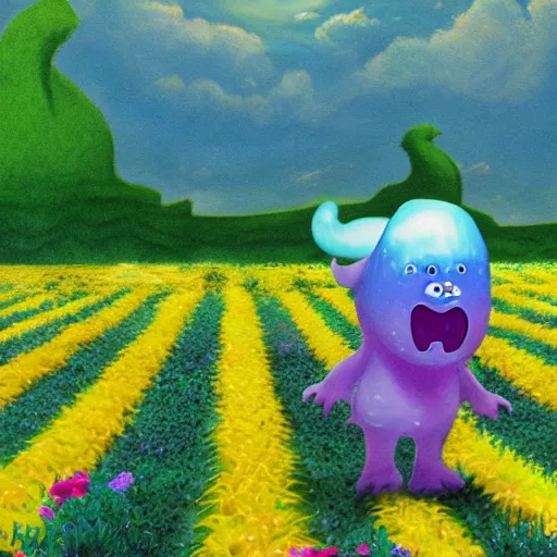 Image similar to A gelatinous monster roaming threw a flower field, landscape