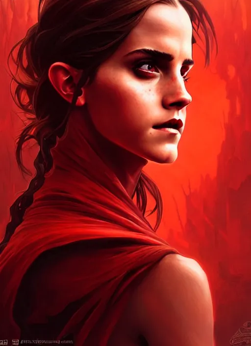 Image similar to portrait of emma watson as demon, red skin, batwings, hell, intricate, headshot, highly detailed, digital painting, artstation, concept art, sharp focus, cinematic lighting, illustration, art by artgerm and greg rutkowski, alphonse mucha, cgsociety