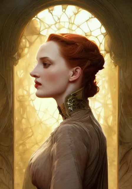 Prompt: sansa angeline jolie gessica chastain pandemic, intricate, elegant, highly detailed, digital painting, artstation, concept art, smooth, sharp focus, illustration, art by artgerm and greg rutkowski and alphonse mucha and william - adolphe bouguereau