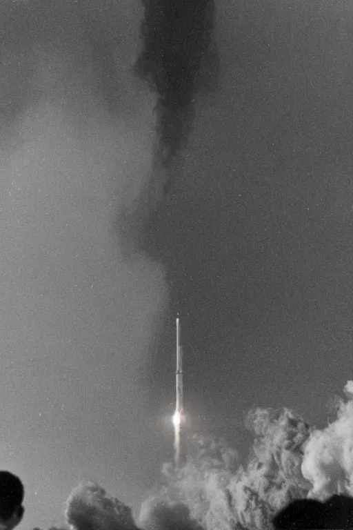 Image similar to photograph of a 1 9 9 0 s era rocket launching and leaving huge plumes of smoke, large crowds of people watching in astonishment, cinematic, night, rain