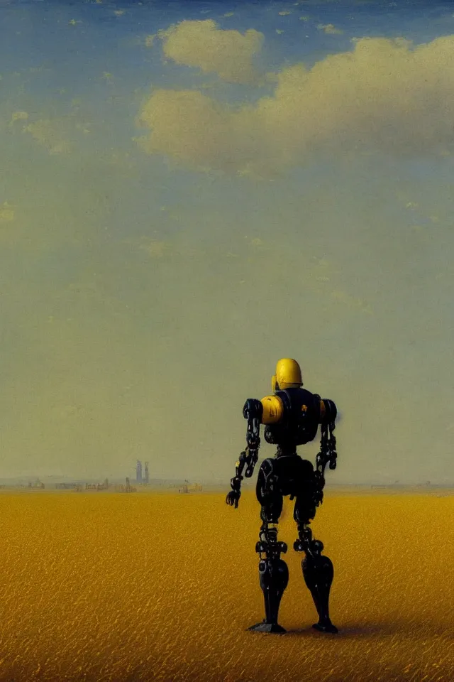 Prompt: painting of the back view of a terminator-like robot, standing in the vast yellow wheat fields, looking at five distant gargantuan tall buildings by Ivan Aivazovsky