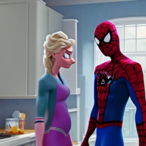 Image similar to spiderman and pregnant elsa talking in the kitchen, into the spider - verse cinematic render, 2 0 1 8 sony animation official media, award winning