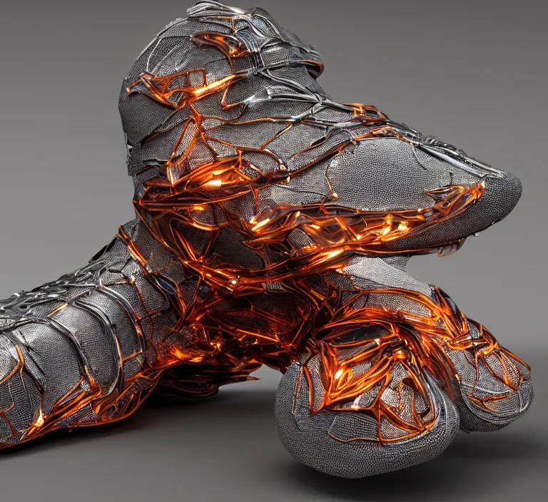 Prompt: realistic 8 k sculpture of one futuristic sneaker with neon illuminated rubber soles and soft orange laces on a grey surface, clean 3 d render, beautiful studio lighting, soft, sharp focus, cyberpunk, intricate detail, gold and red filigree, soft rubber, octane render, trending on artstation, deviantart, art by iris van herpen and syd mead and mullins