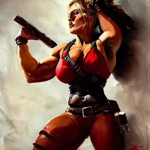 Prompt: greg manchess portrait of margot robbie as thick female bodybuilder lara croft wearing red armour, epic grimdark, fantasy, medium shot, asymmetrical, profile picture, organic painting, sunny day, matte painting, bold shapes, hard edges, street art, trending on artstation, by huang guangjian and gil elvgren and sachin teng