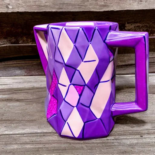 Prompt: avant - garde geodesic triangle ceramic mug with pink and purple pearlescent glaze