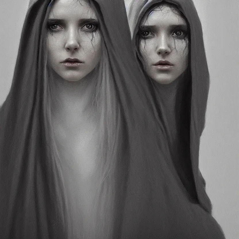 Prompt: Portrait of a young woman wearing a hooded robe, anatomically correct, perfect face, cinematic shot, candid, intricate, elegant, highly detailed digital painting, trending on Artstation, concept art, smooth, sharp focus, illustration and art by Beksinski, by Simon Stalenhag