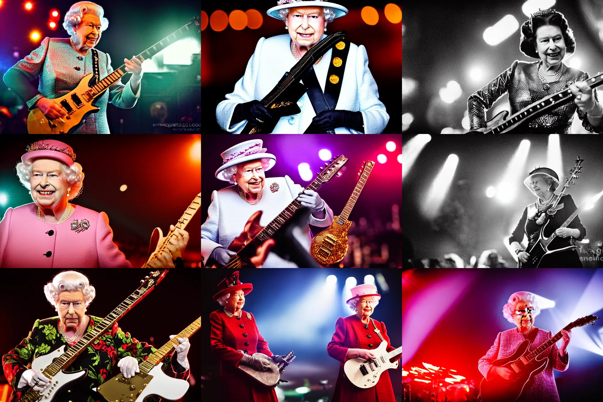 Prompt: queen elizabeth playing a metal guitar solo on stage at a music festival, at night, photograph, depth of field, bokeh