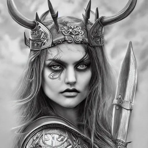 Image similar to hyper realistic pencil drawing of a goth viking princess, detailed, rim light, diffused, intricate, axe, by anna dittmann