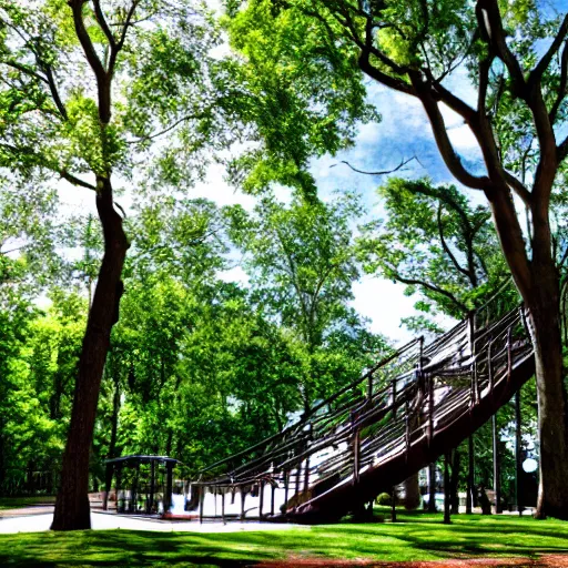 Prompt: park with infinite stairs and big trees