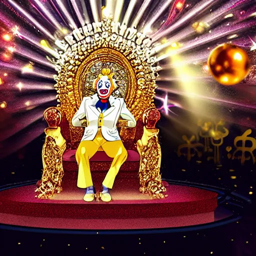 Prompt: anime of a shining majestic throne made of millions of diamonds, gold and zaphires with thousands of light reflections, and a clown on a tuxedo suit is sitting on the throne while handing a golden balloon, dramatic light