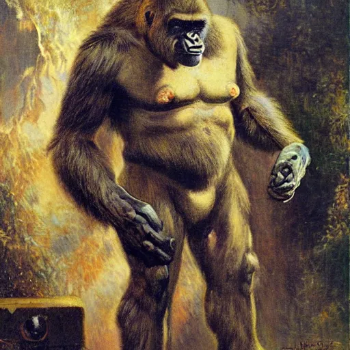 Image similar to highley detailed potrait of an anatomically correct gorilla mecha, painting by gaston bussiere, craig mullins, j. c. leyendecker, lights, art by ernst haeckel, john william godward, hammershøi,