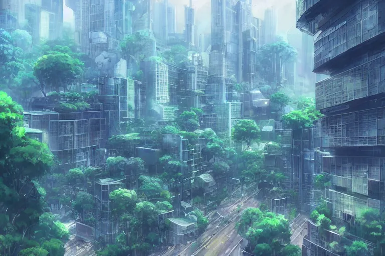 Image similar to futuristic city, lush vegetation, humid, early evening, diagonal view, geometric buildings, cloudy, beautiful, dull pastel colors, realistic, foggy, dreamy, nostalgic, bright, trending on artstation by yoshitaka amano and makoto shinkai, studio ghibli style