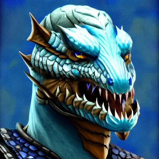 Image similar to Dragonborn with blue scales, trending on artstation