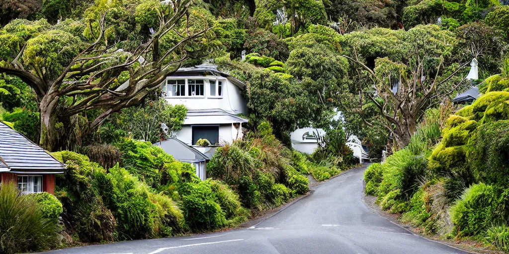 Image similar to a suburban street in wellington, new zealand. quaint cottages interspersed with an ancient remnant lowland podocarp broadleaf forest full of enormous trees with astelia epiphytes and vines. rimu, kahikatea, cabbage trees, manuka, tawa trees, rata. stormy windy day. google street view.