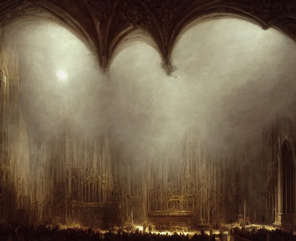 Prompt: pipe organ in winter, fantasy, medieval, grey smoke highly detailed, Artstation, oil on canvas painting by Thomas Cole and john howe and alan lee