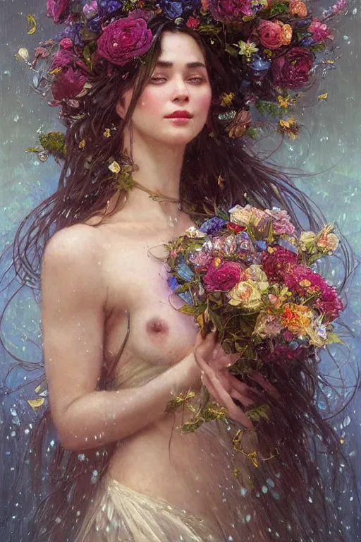 Image similar to portrait of a beautiful mysterious woman holding a bouquet of flowing flowers, wet dripping long hair, hands hidden under the bouquet, emerging from the water, fantasy, regal, intricate, by stanley artgerm lau, greg rutkowski, thomas kindkade, alphonse mucha, loish, norman rockwell