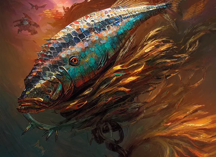 Prompt: dramatic art - portrait of a armored chaos fish from underground hallow terraria, exotic fish, by wlop, james jean, victo ngai! muted colors, very detailed, art fantasy by craig mullins, thomas kinkade