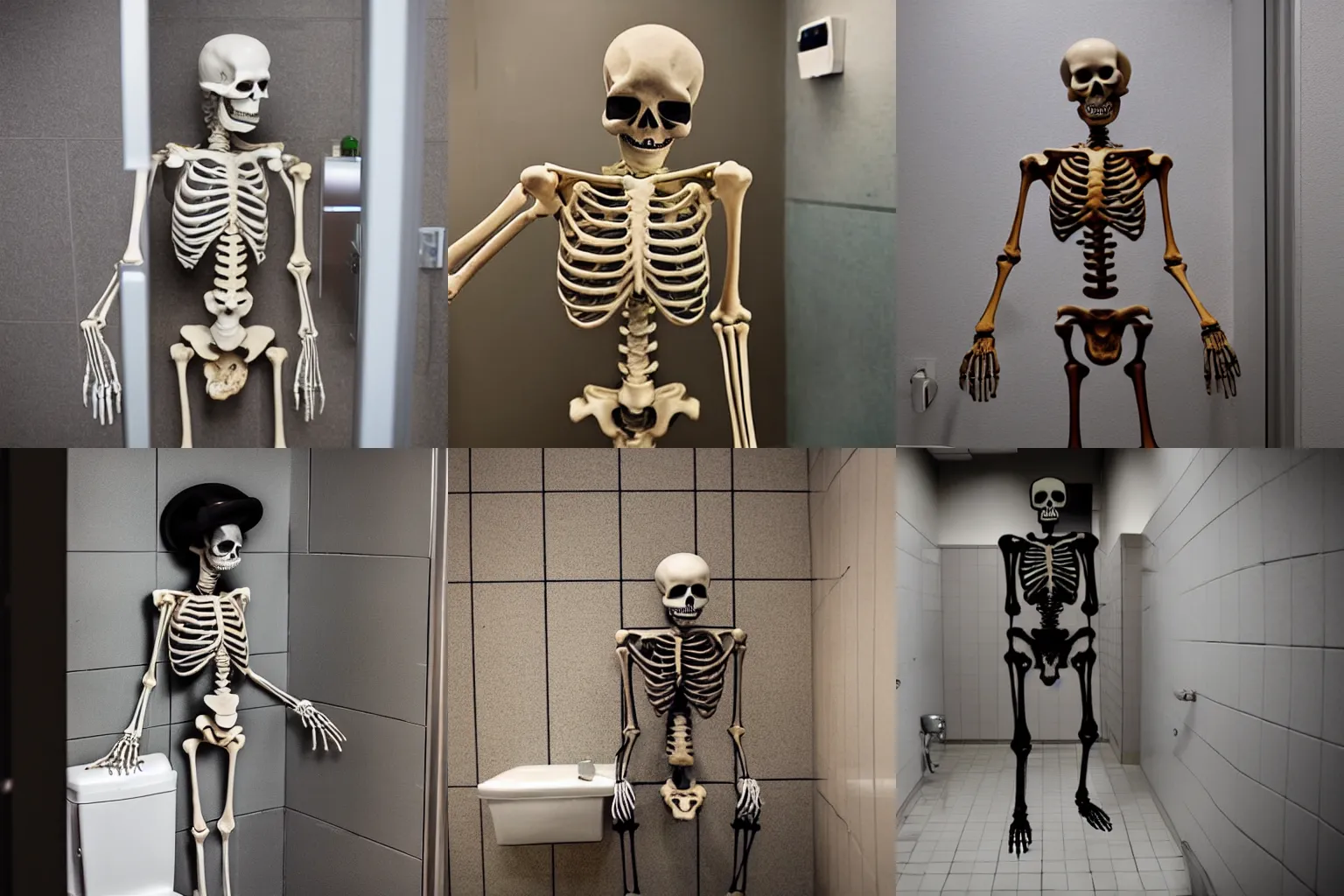 Prompt: a skeleton using a urinal in a public restroom