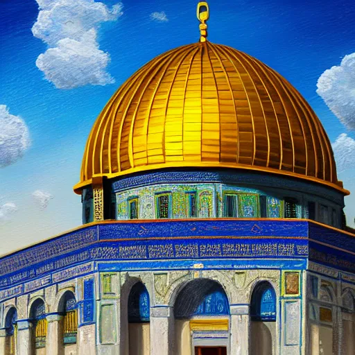 Prompt: a beautiful oil painting flyer design illustration of dome of the rock jerusalem hands hugging it, intricate, elegant, highly detailed, digital painting, artstation, concept art, smooth, sharp focus, illustration