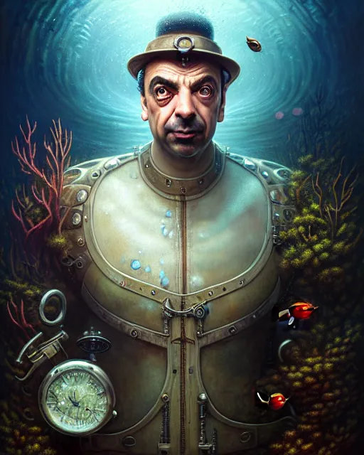 Image similar to underwater steampunk portrait of rowan sebastian atkinson, by tomasz alen kopera and peter mohrbacher