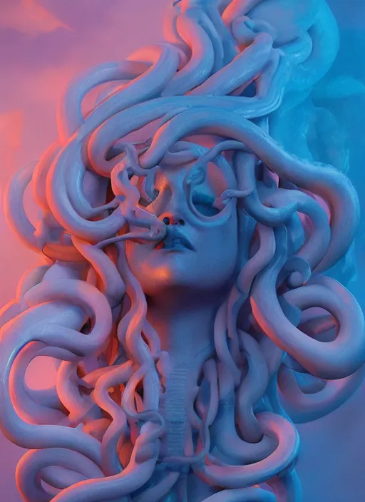 Image similar to medusa made of soft wax, wooden art nouveau swirls, strong subsurface scattering, cables, translucent tubes, subsurface scattering, in the style of ruan jia and beeple and giger, subsurface scattering, mystical colors, rim light, dramatic lighting, 8 k, stunning scene, raytracing, octane render, trending on artstation