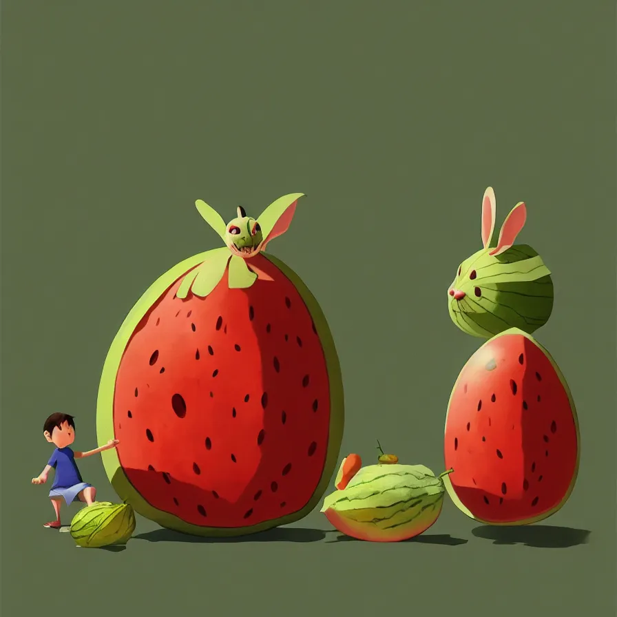 Image similar to Goro Fujita illustrating a rabbit eating a giant watermelon, art by Goro Fujita, sharp focus, highly detailed, ArtStation