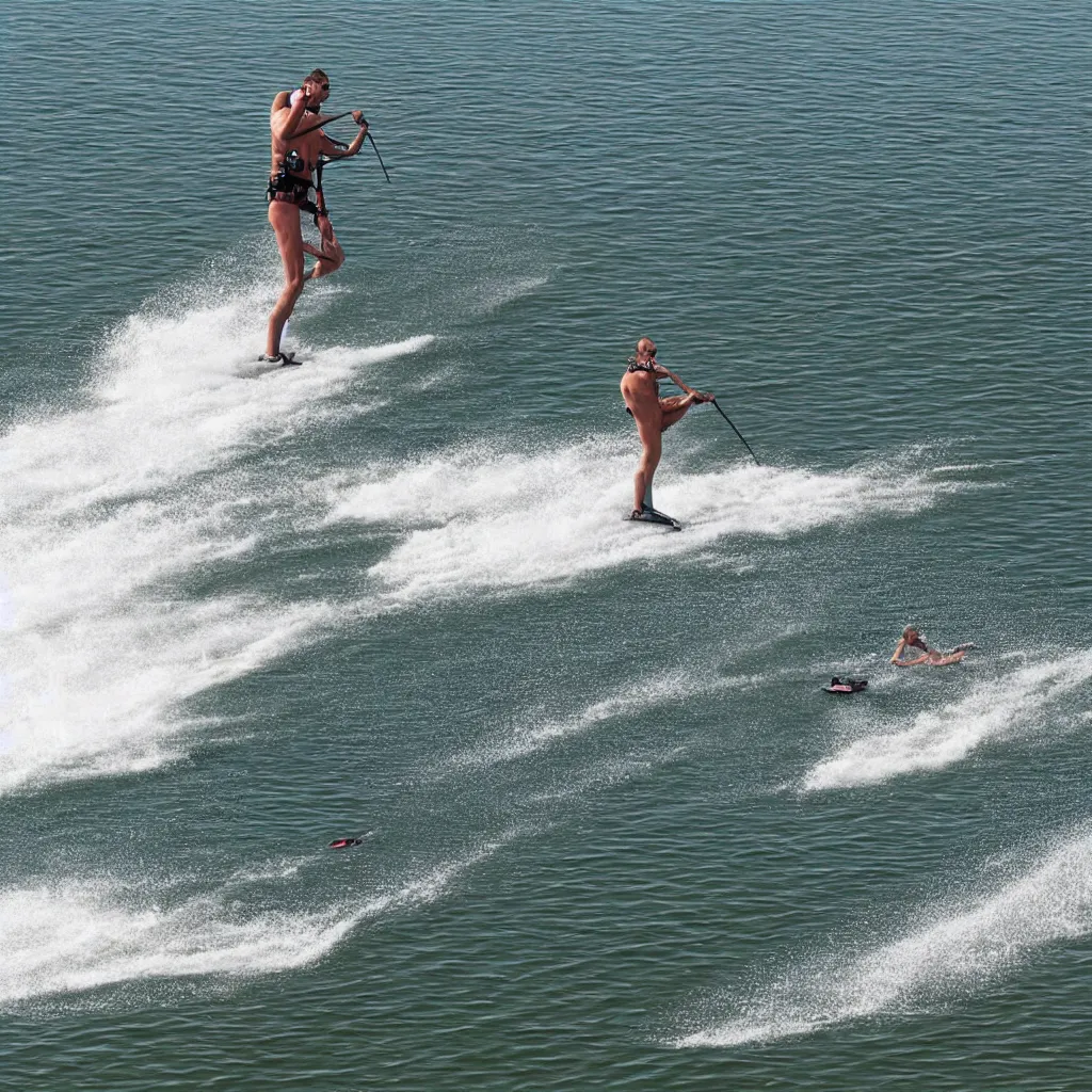 Image similar to a man barefoot water skiing behind a boat