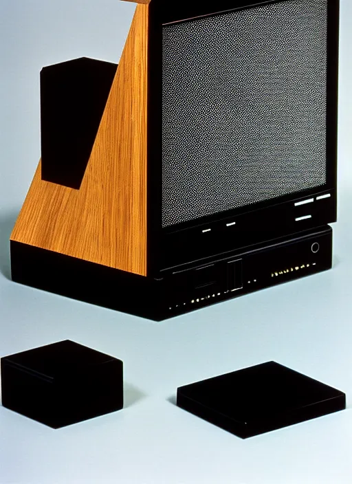Image similar to realistic photo of a scientific model of an ugly rough complex desktop computer made of wood, display is black obsidian, front view, 1 9 9 0, life magazine reportage photo, metropolitan museum photo