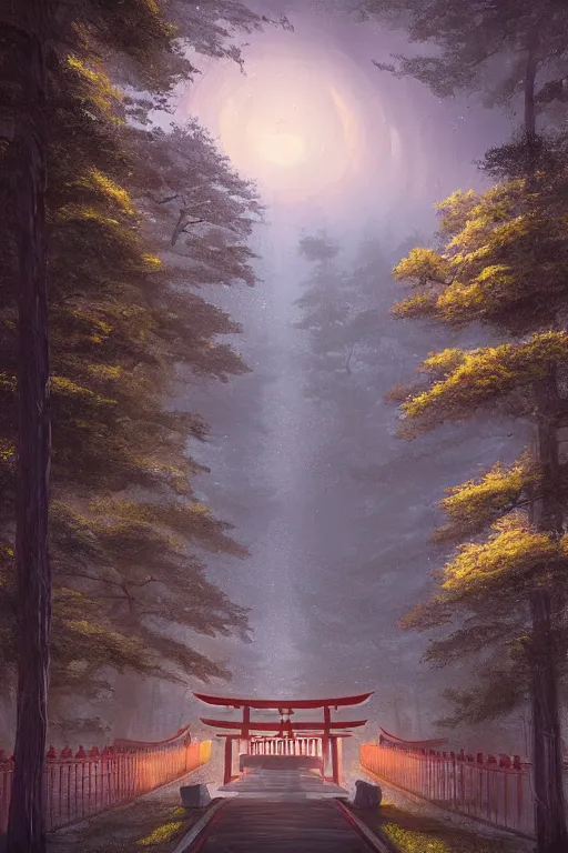 Image similar to Japanese Torii in the center of the picture , torii in a moutain with trees ,night , by Grzegorz Rutkowski, concept art , wide angle