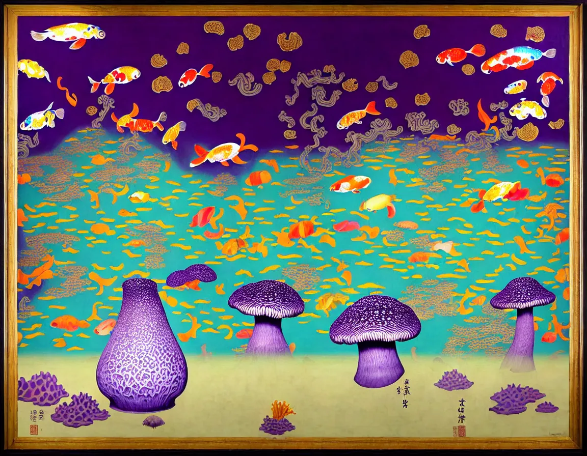 Prompt: vase of mushroom in the sky and under the sea decorated with a dense field of stylized scrolls that have opaque purple outlines, with koi fishes and electric eels, ambrosius benson, kerry james marshall, afrofuturism, oil on canvas, history painting, hyperrealism, light color, no hard shadow, around the edges there are no objects