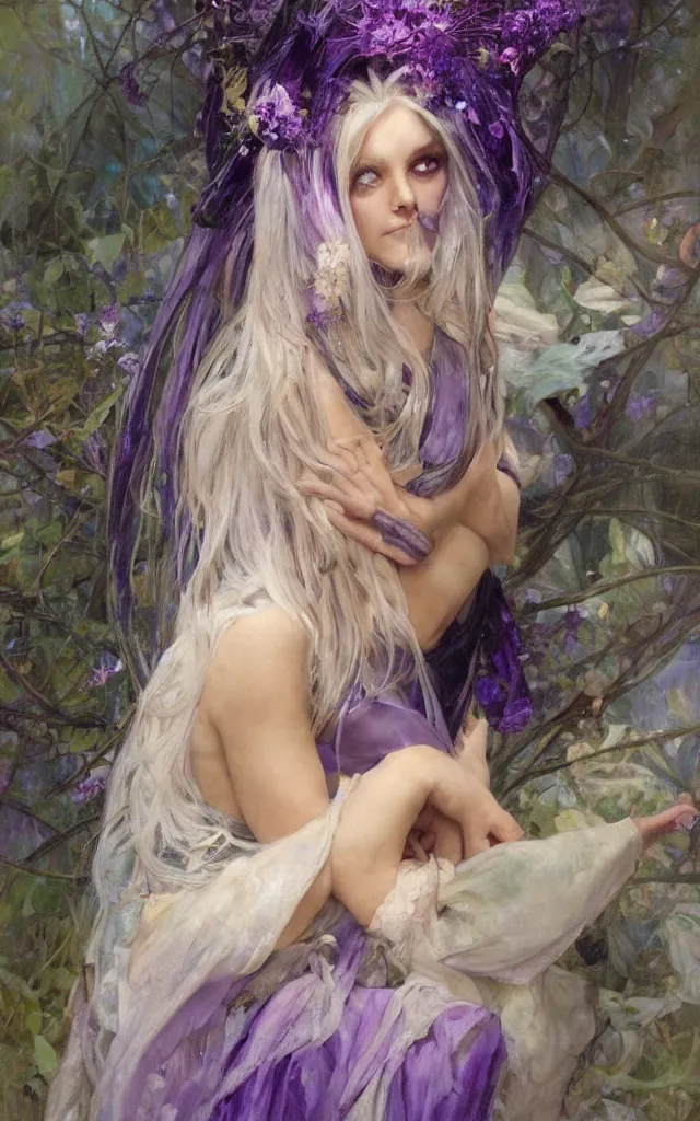 Image similar to hyperrealist portrait of a night fairy with white hair and purple eyes, wearing a long robes that fall like stars, by jeremy mann and alphonse mucha, fantasy art, photo realistic, dynamic lighting, artstation, poster, volumetric lighting, very detailed faces, 8 k, award winning