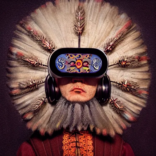 Image similar to Colour Caravaggio style full body portrait Photography of Highly detailed Man wearing Ukrainian folk costume designed by Taras Shevchenko with 1000 years perfect face wearing highly detailed retrofuturistic VR headset designed by Josan Gonzalez. Many details In style of Josan Gonzalez and Mike Winkelmann and andgreg rutkowski and alphonse muchaand and Caspar David Friedrich and Stephen Hickman and James Gurney and Hiromasa Ogura. Rendered in Blender and Octane Render volumetric natural light