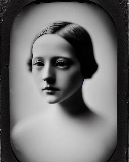 Image similar to [ [ [ [ tintype ] ] ] ] black and white dreamy young beautiful female artificial intelligence, metropolis, cinematic, rim light, bokeh, photo - realistic, elegant, high detail, 8 k, masterpiece, photo taken in 1 9 3 0