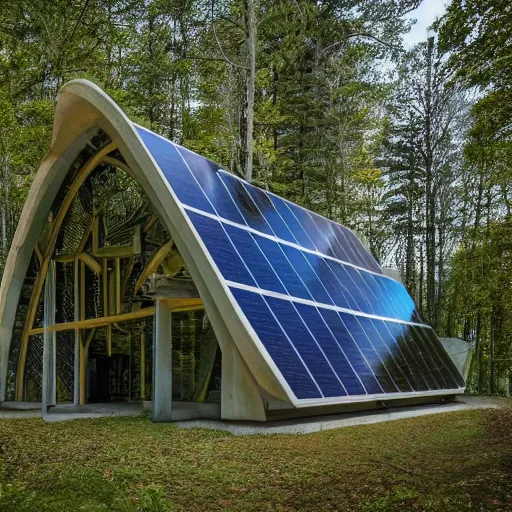 Image similar to solarpunk chapel building, high tech futuristic gothic, in nature with nothing else around, beautiful ambient lighting, forest and mountains and beams of light, realistic photo