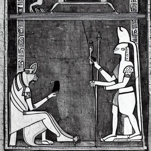 Image similar to the god anubis accompanying ramses the second to be judged before the god osiris