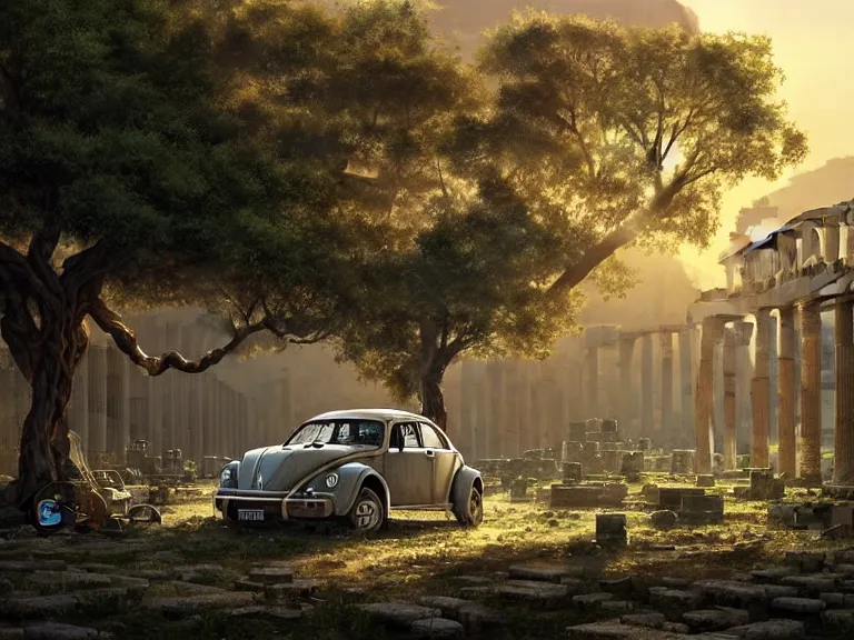 Image similar to a tree growing on a scrap vw beetle in ancient greek ruins, gray wasteland, many scrap cars, overgrown, pillars and arches, vines, hyperrealistic, highly detailed, cinematic, ray of golden sunlight, beautiful, cgsociety, artstation, 8 k, oil painting by greg rutkowski, by artgerm, by wlop