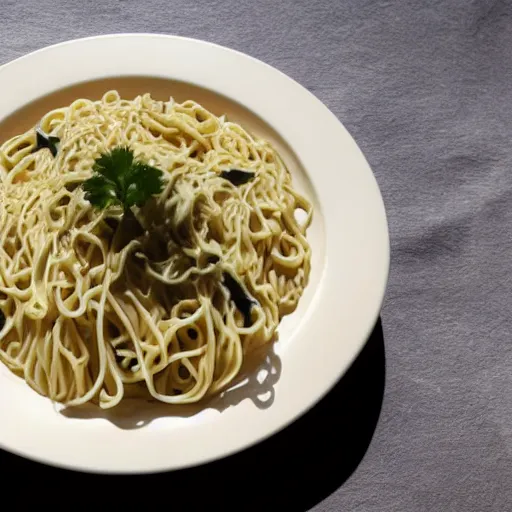 Prompt: noodles with cheese sauce cooked by HR Giger