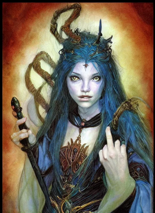 Image similar to portrait of young female sorceress of doom, beautiful! coherent! dungeons and dragons character, by brian froud, strong line, night color, high contrast