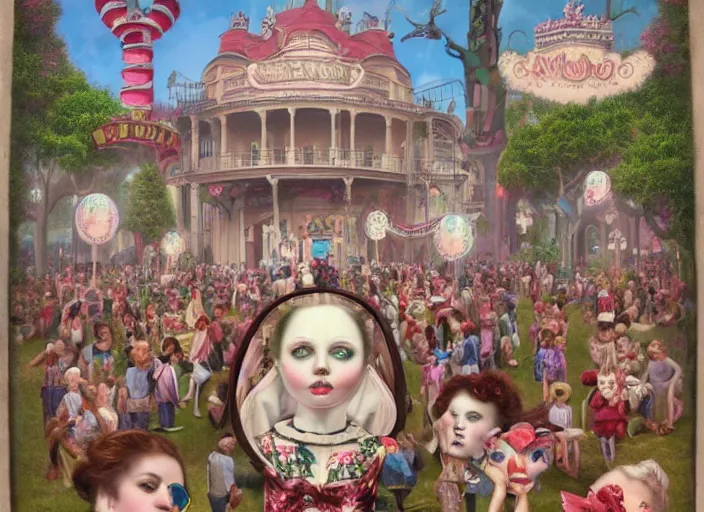 Image similar to 🎪🎟🤹♀🎠🎡, lowbrow, matte painting, 3 - d highly detailed, in the style of mark ryden,