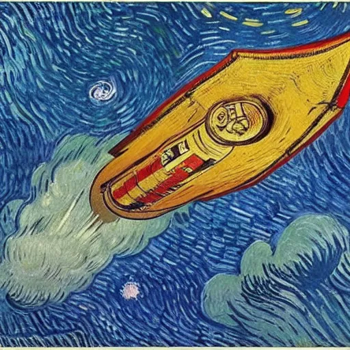 Image similar to a painting of a space ship launching by van gogh