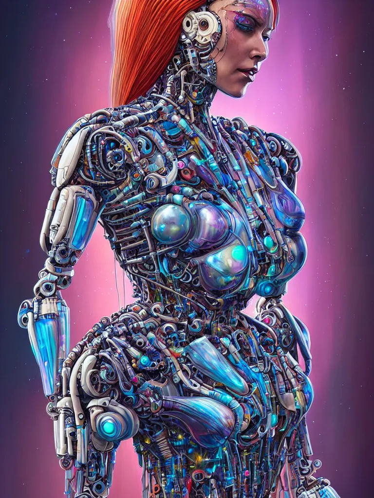 Prompt: full lenght shot woman in biomechanical dress, wearing epic bionic cyborg implants of different colors, by dan mumford, masterpiece, intricate, biopunk futuristic wardrobe, highly detailed, artstation, concept art, background galaxy, cyberpunk colors, art by artgerm